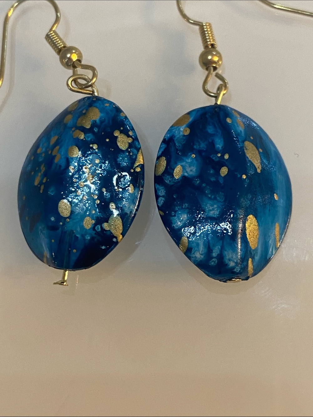 Blue Oval Drop Earrings with Gold Speckle - Picture 2 of 5